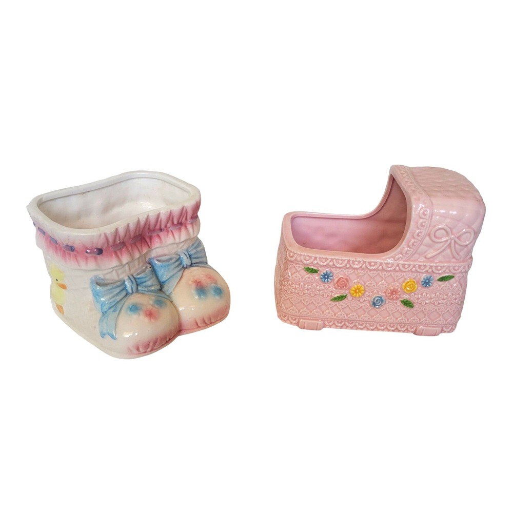Vtg Ceramic Baby Planter Set Pink Bassinet White Baby Booties  Napco Nancy Pew